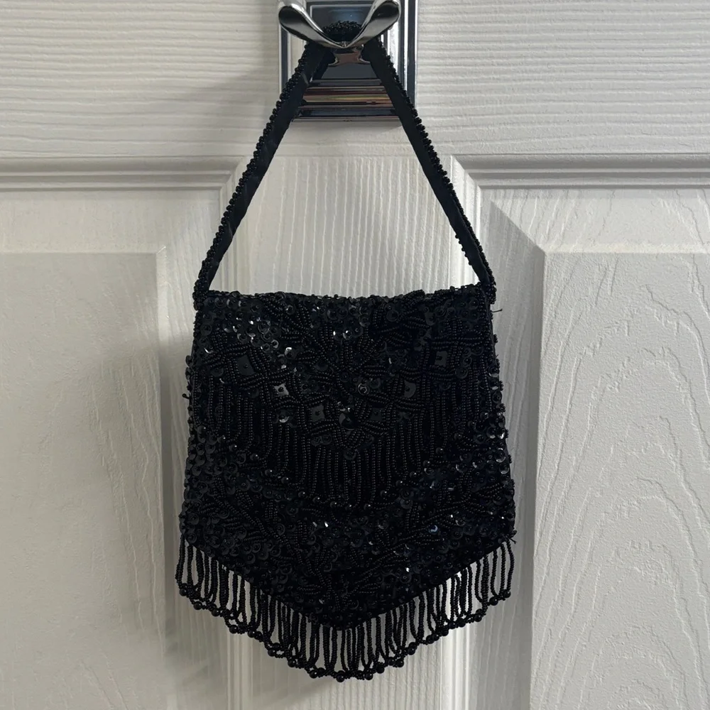 Vintage Handmade Black Beaded Fringe Evening Bag - For Ganson of California